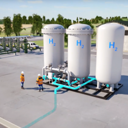 Computer-generated image showing three containers of hydrogen at a storage site with two employees in safety gear.