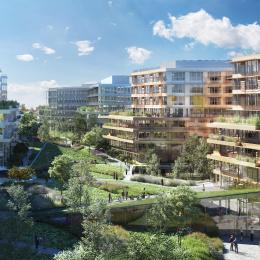 Computer-generated image of the future Campus. It shows an eco-neighbourhood with buildings and greenery in the middle. 
